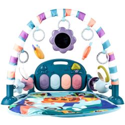   Zongorás játszószőnyeg – kék, zenélő egységgel, színes játékokkal és stabil játékhíddal, fejlesztő hatású, 79×64×44 cm, 3 db 1,5V AA elemmel működik (nem tartozék)