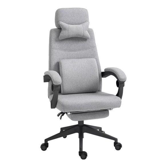 Fejtámlás és lábtartós irodai forgószék, világosszürke, dönthető háttámla, állítható fejtámla és lábtartó, ergonomikus kialakítás, 120 kg teherbírás, poliészter borítás