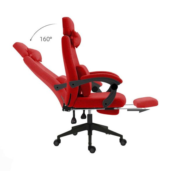 Fejtámlás és lábtartós irodai forgószék, piros, dönthető háttámla, állítható fejtámla és lábtartó, ergonomikus kialakítás, 120 kg teherbírás, poliészter borítás