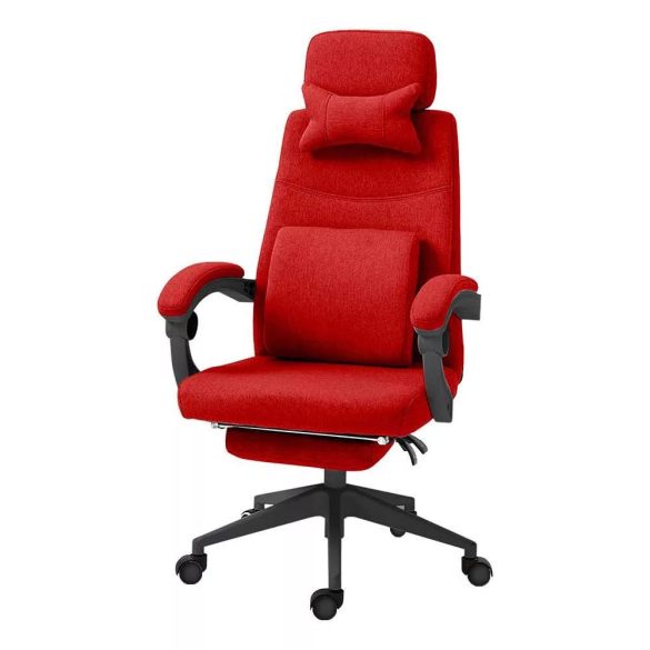 Fejtámlás és lábtartós irodai forgószék, piros, dönthető háttámla, állítható fejtámla és lábtartó, ergonomikus kialakítás, 120 kg teherbírás, poliészter borítás