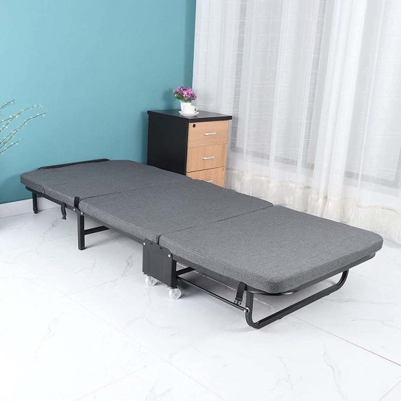 Összecsukható vendégágy, 179 × 65 cm, szürke, 5 fokozatban állítható fejtámlával, 6 cm vastag matraccal és fixálható kerekekkel