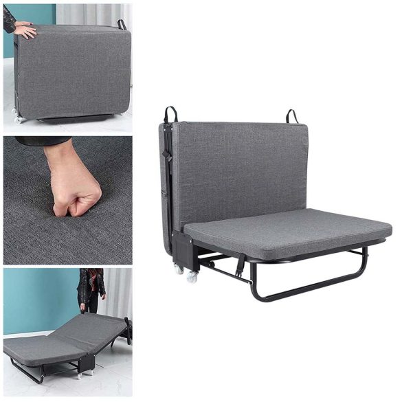 Összecsukható vendégágy, 179 × 65 cm, szürke, 5 fokozatban állítható fejtámlával, 6 cm vastag matraccal és fixálható kerekekkel