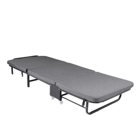 Összecsukható vendégágy, 179 × 65 cm, szürke, 5 fokozatban állítható fejtámlával, 6 cm vastag matraccal és fixálható kerekekkel