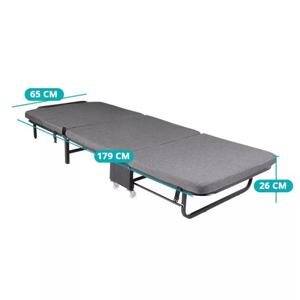 Összecsukható vendégágy, 179 × 65 cm, szürke, 5 fokozatban állítható fejtámlával, 6 cm vastag matraccal és fixálható kerekekkel