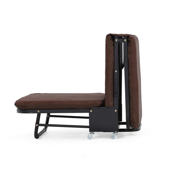 Összecsukható vendégágy, 179 × 65 cm, barna, 5 fokozatban állítható fejtámlával, 6 cm vastag matraccal és fixálható kerekekkel