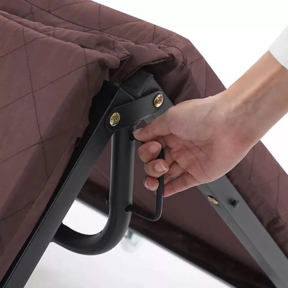 Összecsukható vendégágy, 179 × 65 cm, barna, 5 fokozatban állítható fejtámlával, 6 cm vastag matraccal és fixálható kerekekkel