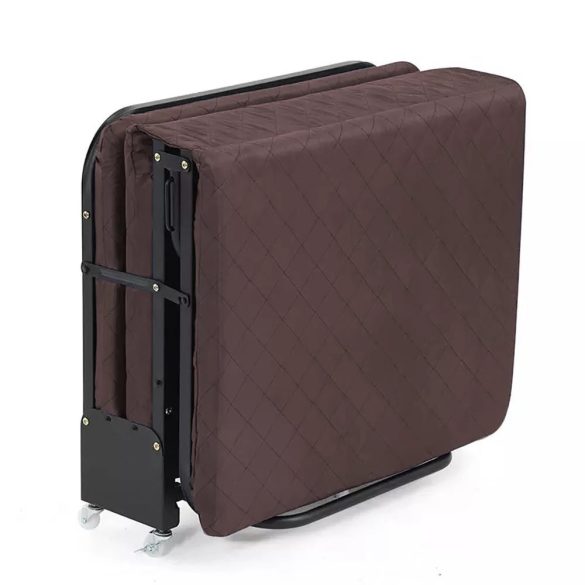 Összecsukható vendégágy, 179 × 65 cm, barna, 5 fokozatban állítható fejtámlával, 6 cm vastag matraccal és fixálható kerekekkel