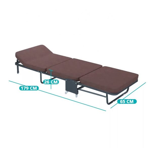 Összecsukható vendégágy, 179 × 65 cm, barna, 5 fokozatban állítható fejtámlával, 6 cm vastag matraccal és fixálható kerekekkel