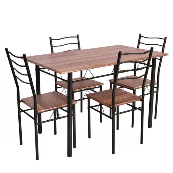 Étkezőgarnitúra, fémvázas asztal 4 székkel, fekete és barna színű, fa asztallappal, ergonomikus kialakítású székekkel, 100 kg teherbírású