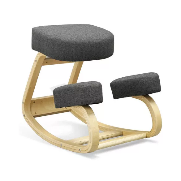Egyensúlyfejlesztő térdeplőszék, szürke, ergonomikus, aktív ülés, fa váz, szövet kárpit, párnázott
