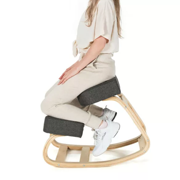 Egyensúlyfejlesztő térdeplőszék, szürke, ergonomikus, aktív ülés, fa váz, szövet kárpit, párnázott
