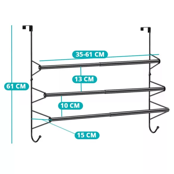 Törölközőtartó ajtóra, 61 x 61 x 15 cm, ezüst, fém, háromszintes, állítható szélességű