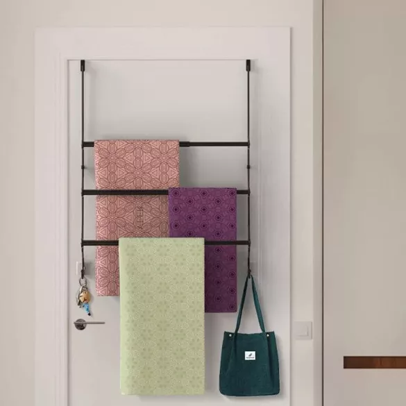 Törölközőtartó ajtóra, 61 x 61 x 15 cm, ezüst, fém, háromszintes, állítható szélességű