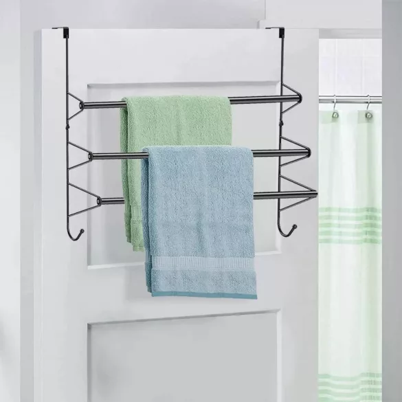 Törölközőtartó ajtóra, 61 x 61 x 15 cm, ezüst, fém, háromszintes, állítható szélességű