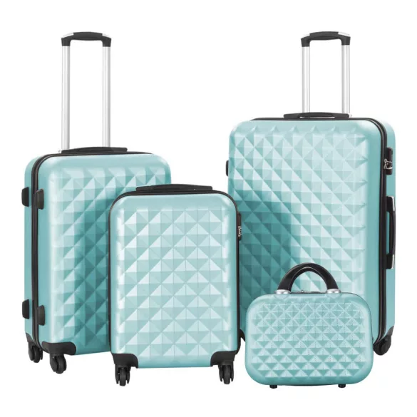 4 db-os utazóbőrönd szett kozmetikai táskával, mentazöld, merev falú, 4 irányba forgó kerekekkel, teleszkópos nyéllel, bordázott kialakítással