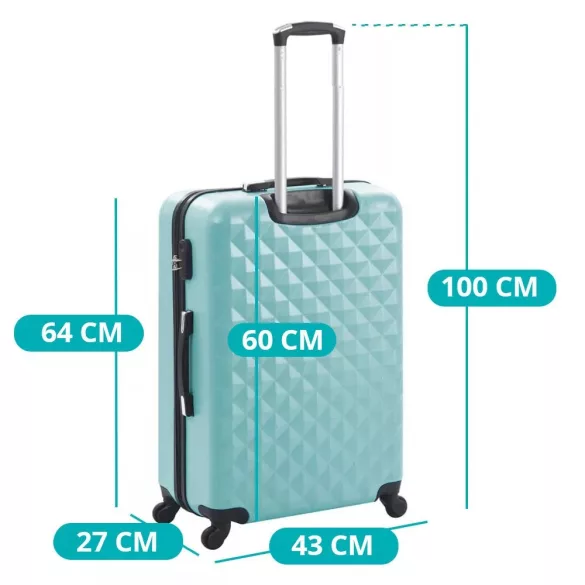 4 db-os utazóbőrönd szett kozmetikai táskával, mentazöld, merev falú, 4 irányba forgó kerekekkel, teleszkópos nyéllel, bordázott kialakítással