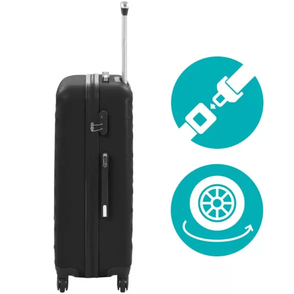 4 db-os utazóbőrönd szett kozmetikai táskával, fekete, merev falú, 4 irányba forgó kerekekkel, teleszkópos nyéllel, bordázott kialakítással