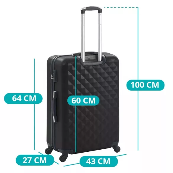 4 db-os utazóbőrönd szett kozmetikai táskával, fekete, merev falú, 4 irányba forgó kerekekkel, teleszkópos nyéllel, bordázott kialakítással