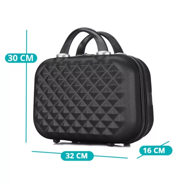 4 db-os utazóbőrönd szett kozmetikai táskával, fekete, merev falú, 4 irányba forgó kerekekkel, teleszkópos nyéllel, bordázott kialakítással