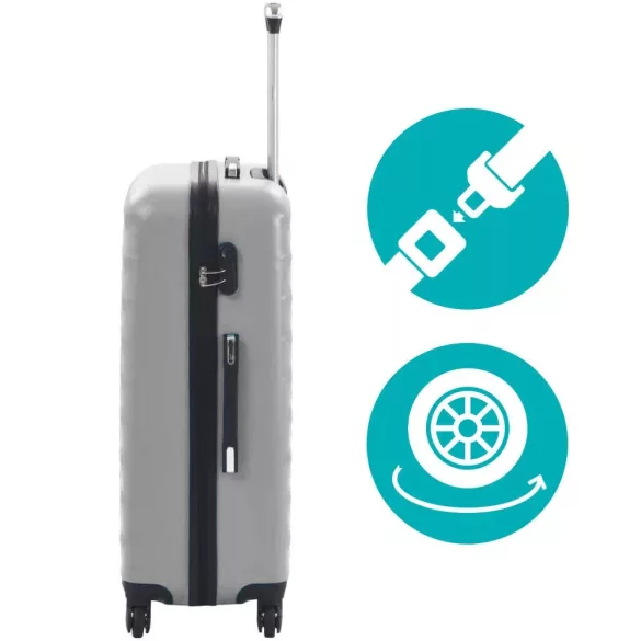 4 db-os utazóbőrönd szett kozmetikai táskával, szürke, merev falú, 4 irányba forgó kerekekkel, teleszkópos nyéllel, bordázott kialakítással