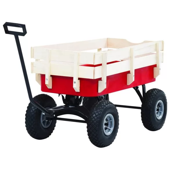 Négykerekű kocsi, 96 × 48 × 51,5 cm, 150 kg teherbírás, elforduló első tengely, pumpálható gumikerekek, fém váz, fa oldalfalak