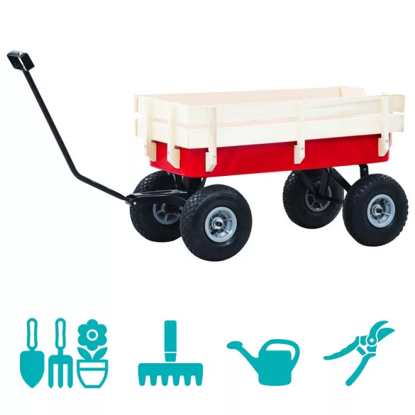 Négykerekű kocsi, 96 × 48 × 51,5 cm, 150 kg teherbírás, elforduló első tengely, pumpálható gumikerekek, fém váz, fa oldalfalak