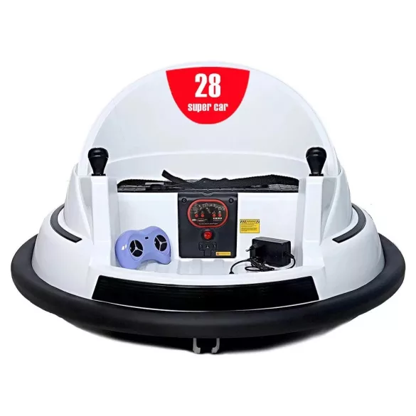 Elektromos gyermek dodzsem, 6V akkumulátorral és távirányítóval, 50 × 76 × 76 cm, fehér színben, 3 éves kortól, ajándék 200 db labdával