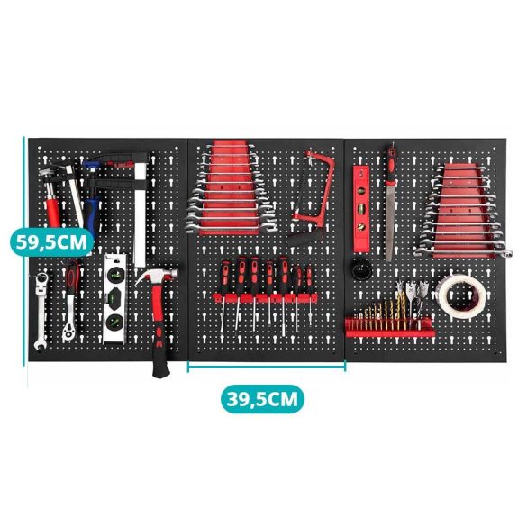 Fém, fali szerszámtartó panel kampókkal és tárolókkal