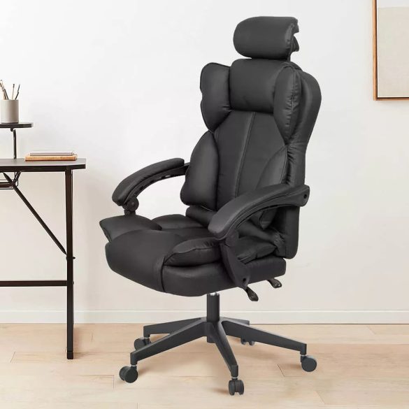 Lux főnöki forgószék, ergonomikus típus, 47 × 50 cm, fekete, műbőr kárpitozás, állítható magasság, dönthető háttámla, fém vázas, görgős