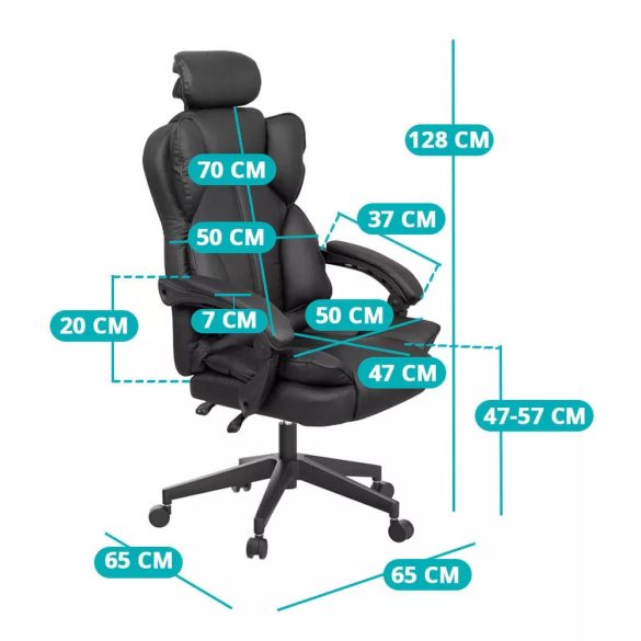 Lux főnöki forgószék, ergonomikus típus, 47 × 50 cm, fekete, műbőr kárpitozás, állítható magasság, dönthető háttámla, fém vázas, görgős