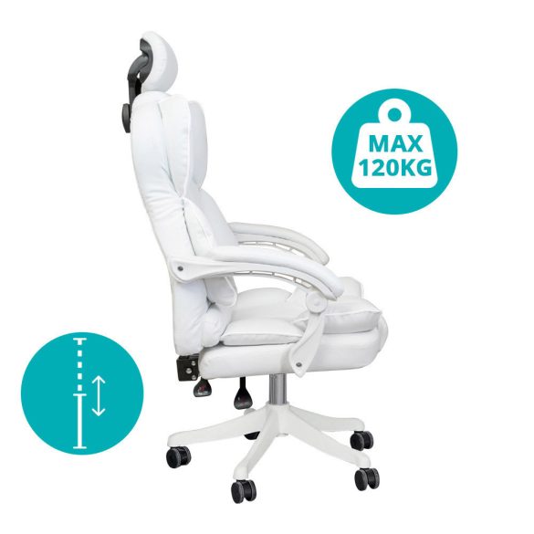 Lux főnöki forgószék, ergonomikus típus, 47 × 50 cm, fehér, műbőr kárpitozás, állítható magasság, dönthető háttámla, fém vázas, görgős