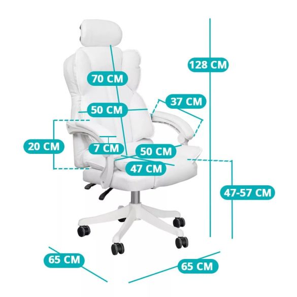 Lux főnöki forgószék, ergonomikus típus, 47 × 50 cm, fehér, műbőr kárpitozás, állítható magasság, dönthető háttámla, fém vázas, görgős