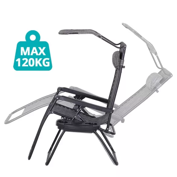 Zéró gravitációs kerti szék napellenzővel és pohártartóval, 2 db, szürke, dönthető háttámla, állítható fejpárna, 100 kg teherbírás, összecsukható kialakítás