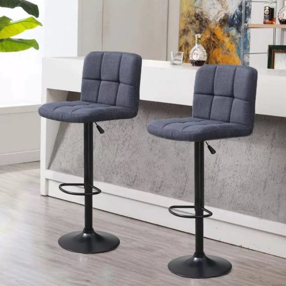 Bárszék szett, szövet borítású, 2 darab, sötétszürke, állítható magasság 60–80 cm, párnázott ülőfelület, fém váz, 100 kg teherbírás