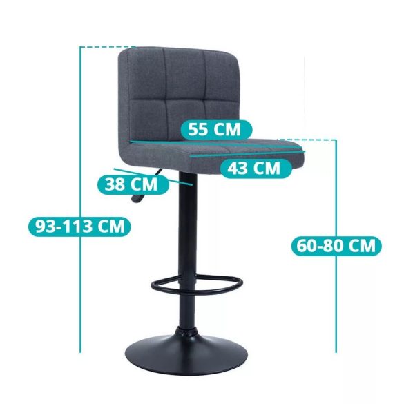 Bárszék szett, szövet borítású, 2 darab, sötétszürke, állítható magasság 60–80 cm, párnázott ülőfelület, fém váz, 100 kg teherbírás