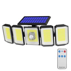   Szolár lámpa, 5 paneles, forgatható, 300 LED, 33×13,5×8 cm, IP65 időjárásálló, mozgásérzékelős (3–5 m), akkumulátoros, 3 üzemmód, távirányítóval, falra szerelhető, ABS ház