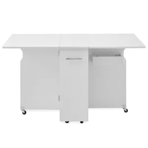 Összecsukható gurulós asztal, polcokkal és fiókkal, kinyitható asztallappal, 132×80×77 cm, fehér, 6 kerekes (2 fékezhető), MDF
