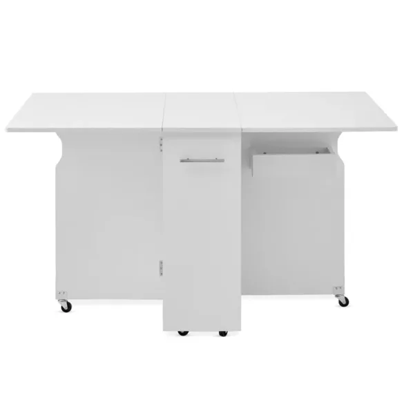 Összecsukható gurulós asztal, polcokkal és fiókkal, kinyitható asztallappal, 132×80×77 cm, fehér, 6 kerekes (2 fékezhető), MDF