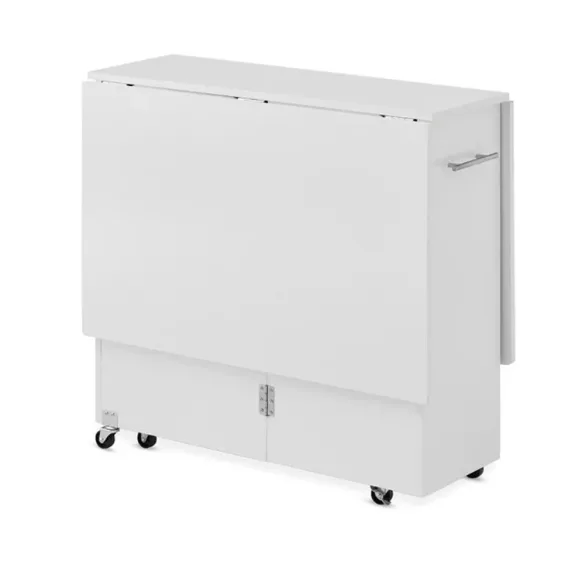 Összecsukható gurulós asztal, polcokkal és fiókkal, kinyitható asztallappal, 132×80×77 cm, fehér, 6 kerekes (2 fékezhető), MDF