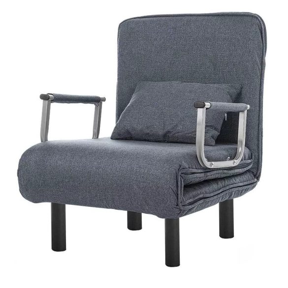 2 az 1-ben fotelágy, 185 x 63 x 26,5 cm, sötétszürke, párnázott karfákkal és párnával, összecsukható kialakítással, fém-fa vázzal