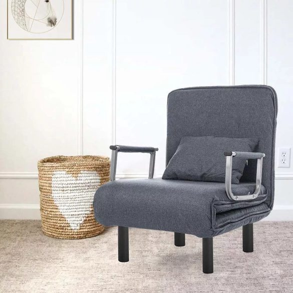 2 az 1-ben fotelágy, 185 x 63 x 26,5 cm, sötétszürke, párnázott karfákkal és párnával, összecsukható kialakítással, fém-fa vázzal