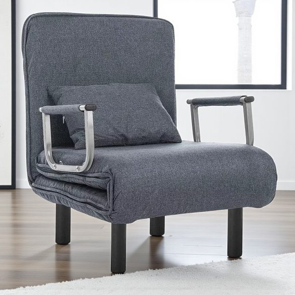 2 az 1-ben fotelágy, 185 x 63 x 26,5 cm, sötétszürke, párnázott karfákkal és párnával, összecsukható kialakítással, fém-fa vázzal