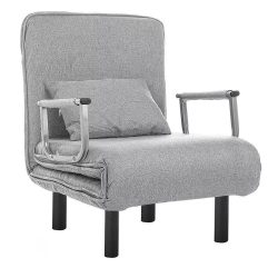   2 az 1-ben fotelágy, 185 x 63 x 26,5 cm, világosszürke, párnázott karfákkal és párnával, összecsukható kialakítással, fém-fa vázzal