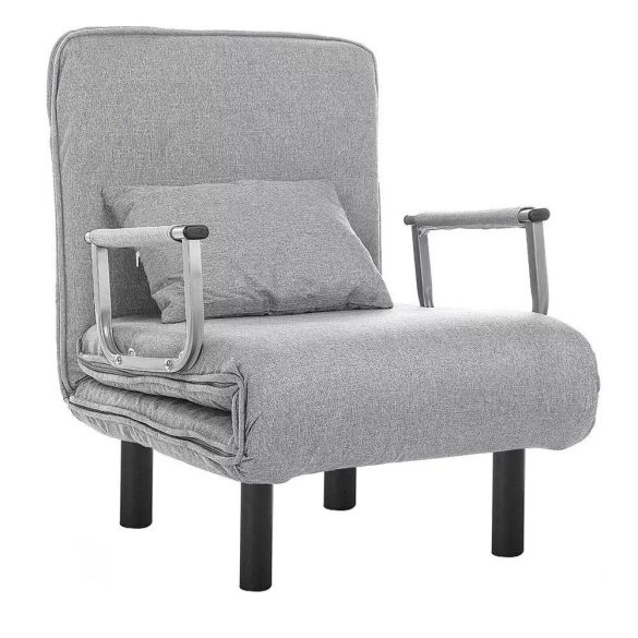 2 az 1-ben fotelágy, 185 x 63 x 26,5 cm, világosszürke, párnázott karfákkal és párnával, összecsukható kialakítással, fém-fa vázzal