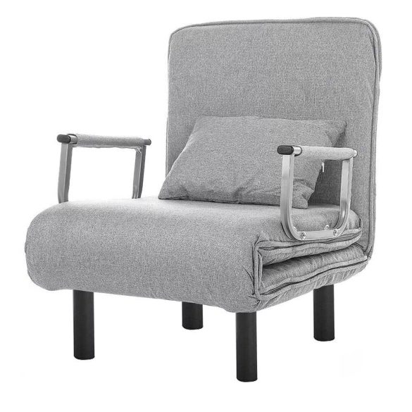 2 az 1-ben fotelágy, 185 x 63 x 26,5 cm, világosszürke, párnázott karfákkal és párnával, összecsukható kialakítással, fém-fa vázzal