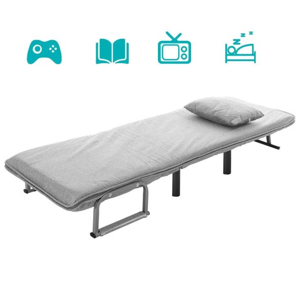 2 az 1-ben fotelágy, 185 x 63 x 26,5 cm, világosszürke, párnázott karfákkal és párnával, összecsukható kialakítással, fém-fa vázzal