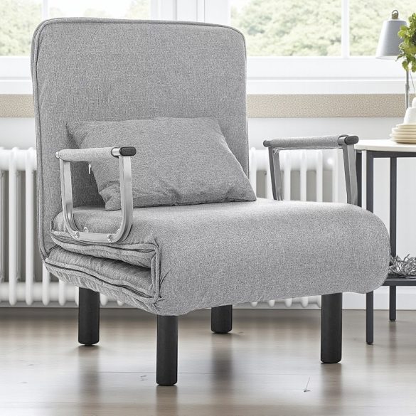 2 az 1-ben fotelágy, 185 x 63 x 26,5 cm, világosszürke, párnázott karfákkal és párnával, összecsukható kialakítással, fém-fa vázzal