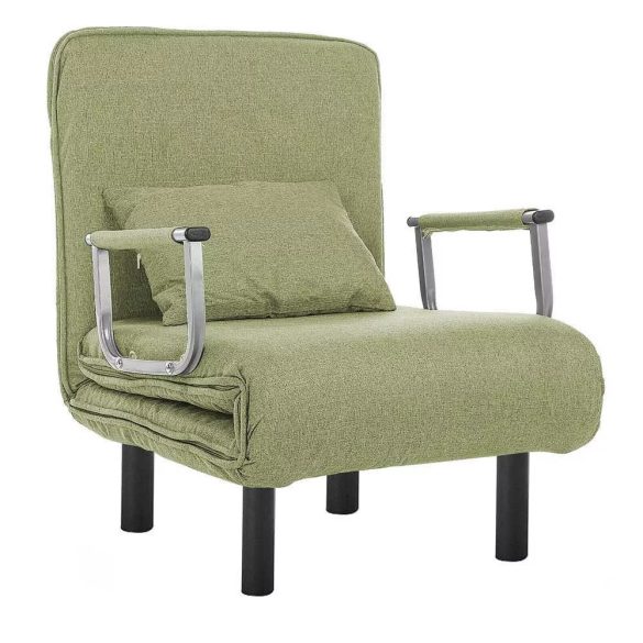 2 az 1-ben fotelágy, 185 x 63 x 26,5 cm, zöld, párnázott karfákkal és párnával, összecsukható kialakítással, fém-fa vázzal