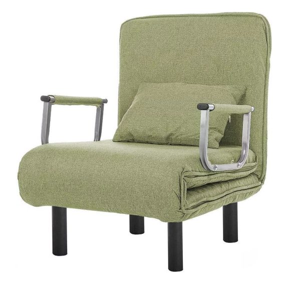 2 az 1-ben fotelágy, 185 x 63 x 26,5 cm, zöld, párnázott karfákkal és párnával, összecsukható kialakítással, fém-fa vázzal