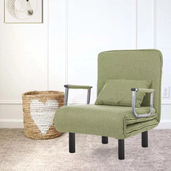 2 az 1-ben fotelágy, 185 x 63 x 26,5 cm, zöld, párnázott karfákkal és párnával, összecsukható kialakítással, fém-fa vázzal